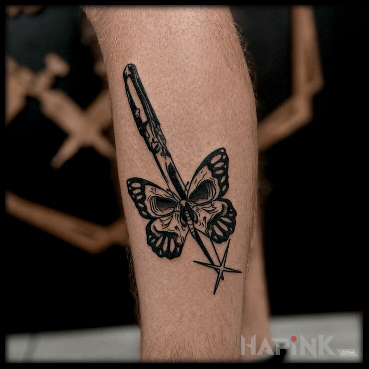 Tattoo Motylkowo in black and gray motif and graphic / illustrative style on the leg