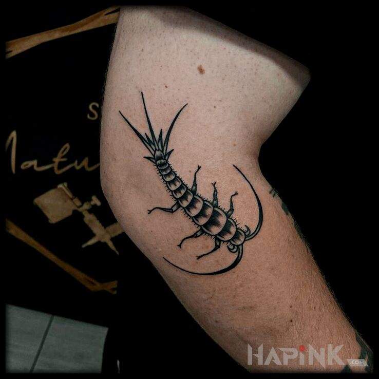 Tattoo Robaczek in black and gray motif and oldschool style on the forearm