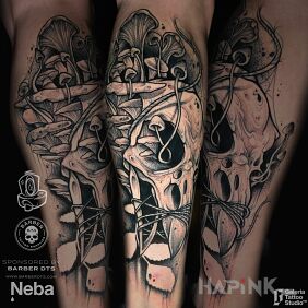 Tattoo Graphic dark skull on the leg motif: dark style: graphic / illustrative