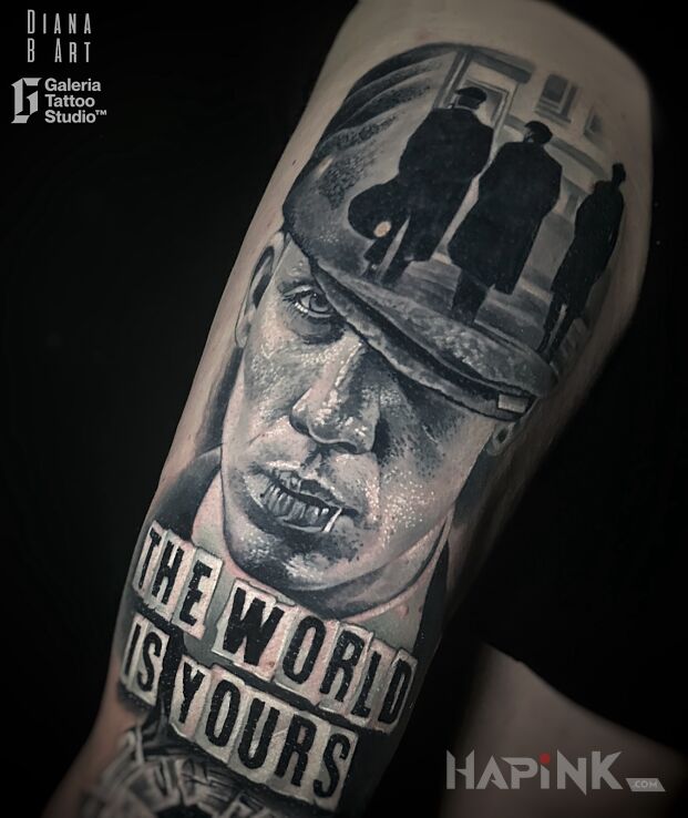Tattoo John Shelby Peaky Blinders Tattoo in faces motif and realistic style on the leg