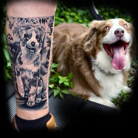 Tattoo Man's best friend on the calf motif: black and gray style: realistic