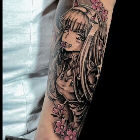 Tattoo Girl in anime style on the forearm motif: characters style: graphic / illustrative