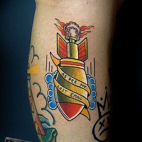 Tattoo BOMB on the calf motif: funny style: oldschool