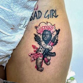 Tattoo THIGH/BIKINI GANGSTA CHERUB BAD GIRL TATTOO on the thigh motif: angels style: graphic / illustrative