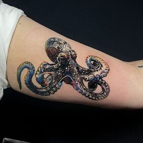 Tattoo COLOR OCTOPUS On the arm motif: colorful style: realistic