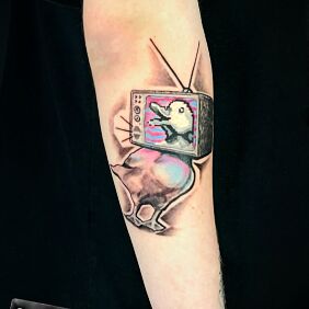 Tattoo Duck on TV on the forearm motif: objects style: graphic / illustrative