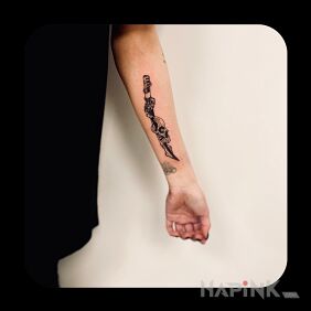 Tattoo KATANA WITH SKULL on the forearm motif: black and gray style: graphic / illustrative