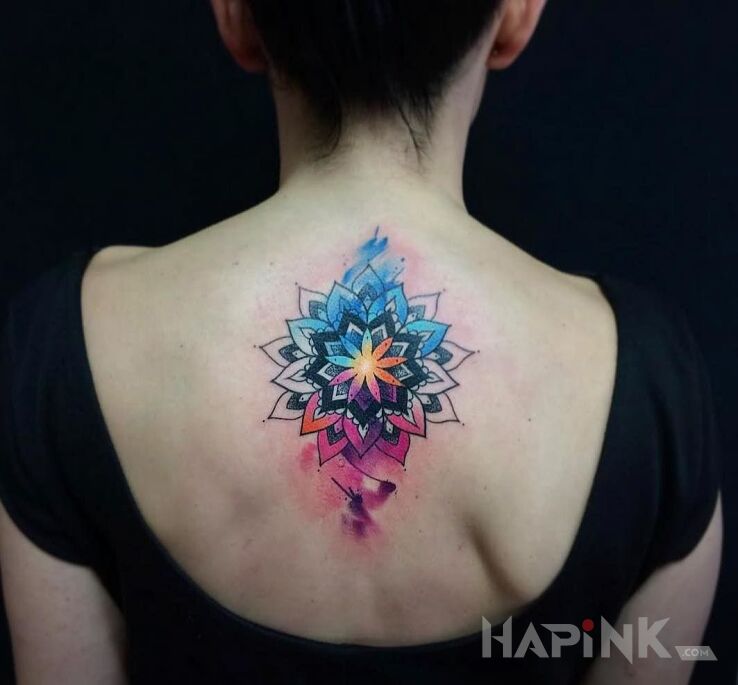 Tattoo Jaskrawa mandala in colorful motif and Watercolor style on the back