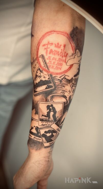 Tattoo FAMILY THEME in lettering motif and graphic / illustrative style On the arm