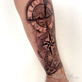 Tattoo CLOCK AND MAP On the arm motif: black and gray style: realistic