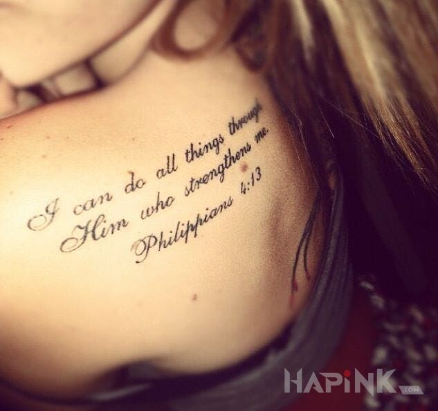Tattoo Philippians 4:13 in lettering motif on the shoulder blades