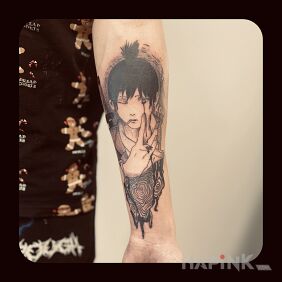 Tattoo ANIME on the forearm motif: characters style: graphic / illustrative