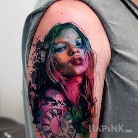 Tattoo Kate Moss on the upper arm motif: faces style: realistic