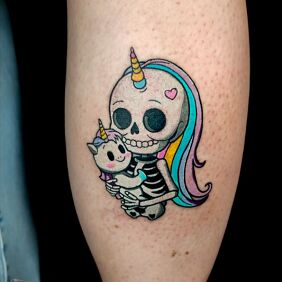 Tattoo SKELETON UNICORN COLOR on the leg motif: colorful style: graphic / illustrative