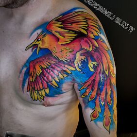 Tattoo PHOENIX COLOR SCAR COVER-UP on the shoulder motif: fantasy style: neo-traditional