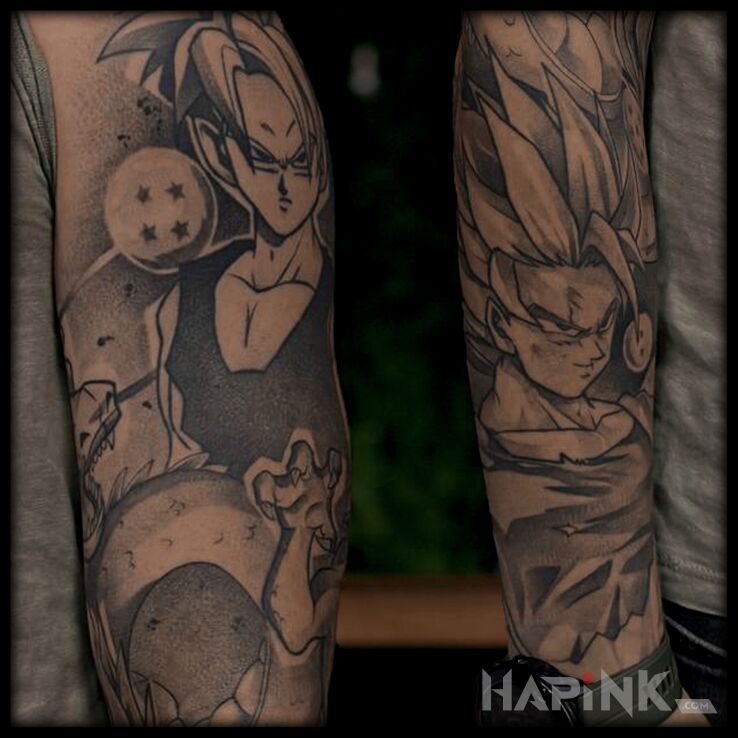 Tattoo Dragon ball in black and gray motif and graphic / illustrative style On the arm