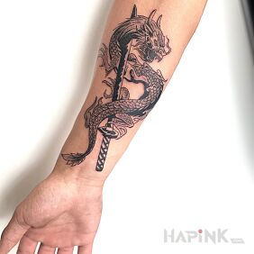 Tattoo Dragon coiling around a katana on the forearm motif: dragons style: neo-traditional