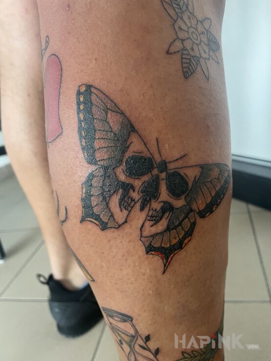 Tattoo Skull moth ;) in skulls motif and graphic / illustrative style on the calf