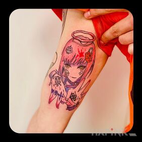 Tattoo Makima On the arm motif: characters style: cartoon / comic book