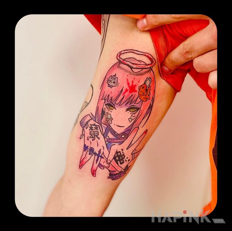 Tattoo Makima in manga / anime motif and cartoon / comic book style on the bicep