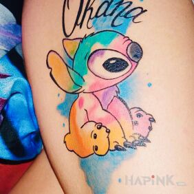Tattoo Stitch in watercolor on the leg motif: characters style: graphic / illustrative