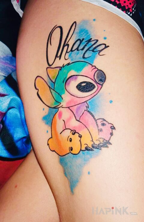 Tattoo Stitch in watercolor in colorful motif and graphic / illustrative style on the thigh