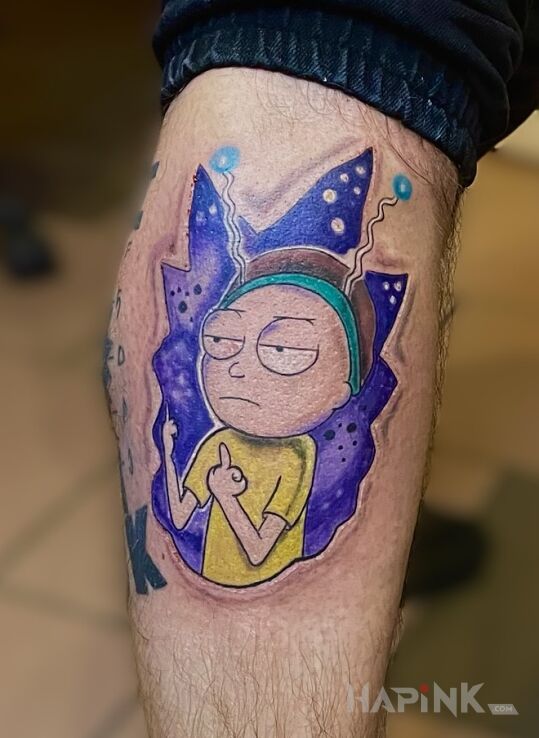 Tattoo Morty in funny motif and cartoon / comic book style on the calf
