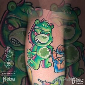 Tattoo Evil Caring Bear on the leg motif: characters style: graphic / illustrative