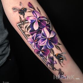 Tattoo Realistic flowers with geometry on the forearm motif: flowers style: realistic