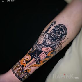 Tattoo Undead viking, runes by an apprentice on the forearm motif: steampunk style: graphic / illustrative