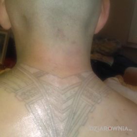 Tatuaż Jeszcze góre trzeba wydźarać i bedzie skończony, śiwy i biały kolor na plecach motyw: pozostałe