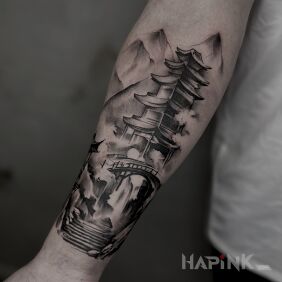 Tattoo Japanese homestead on the forearm motif: other style: dotwork