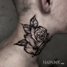 Tattoo Rose in shades of gray on the neck motif: floral style: dotwork