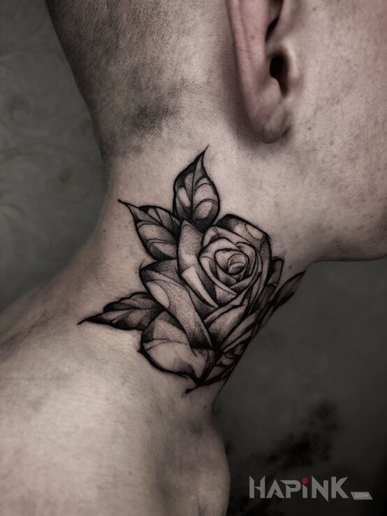 Tattoo Róża w szarościach in flowers motif and dotwork style on the neck