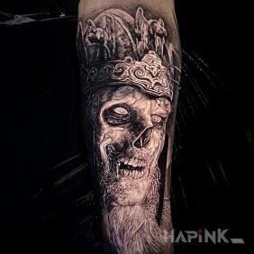 Tattoo Deathking Lotr on the forearm motif: dark style: realistic
