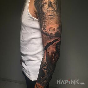 Tattoo LoTR sleeve On the arm motif: fantasy style: realistic