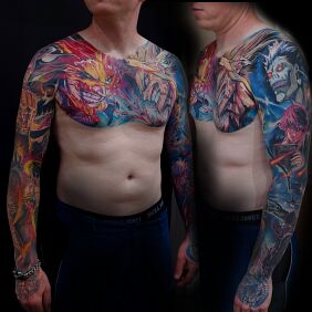 Tattoo Death note on the collarbone motif: faces style: graphic / illustrative