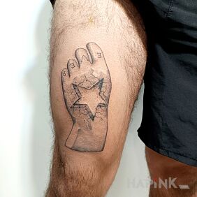Tattoo For the love of music on the thigh motif: black and gray style: graphic / illustrative