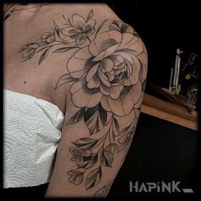 Tattoo Bouquet of flowers on the shoulder motif: black and gray style: graphic / illustrative