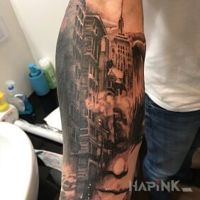 Tattoo Sleeve on the forearm motif: faces