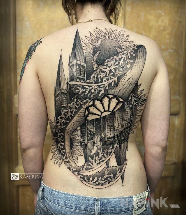 Tattoo Odyseja na plecach in ornaments motif and graphic / illustrative style on the shoulder blades