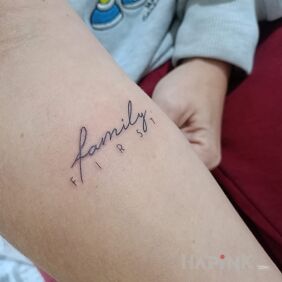 Tattoo Family always first on the forearm motif: lettering style: minimalistic