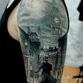 Tattoo Victorian times on the upper arm motif: characters style: realistic