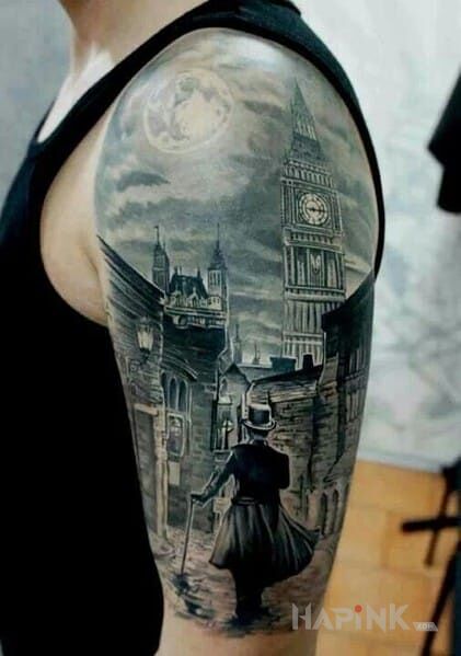 Tattoo Wiktoriańskie czasy in 3D motif and realistic style on the upper arm