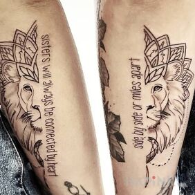 Tattoo Lion for sisters on the forearm motif: mandalas style: graphic / illustrative