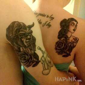 Tattoo Beauty and the beast on the upper arm motif: characters