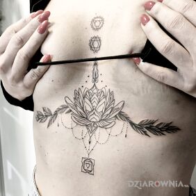 Tatuaż Kwiat lotosu i czakry na brzuchu motyw: florystyczne styl: kontury / linework