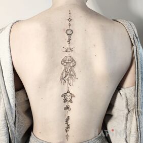 Tattoo Water world on the back motif: black and gray style: minimalistic