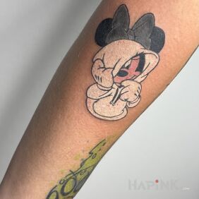 Tattoo Mickey Mouse in a sweater On the arm motif: colorful style: cartoon / comic book