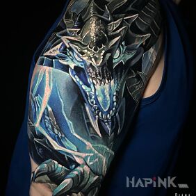 Tattoo Beritra the Dragon from Aion game on the upper arm motif: 3D style: realistic